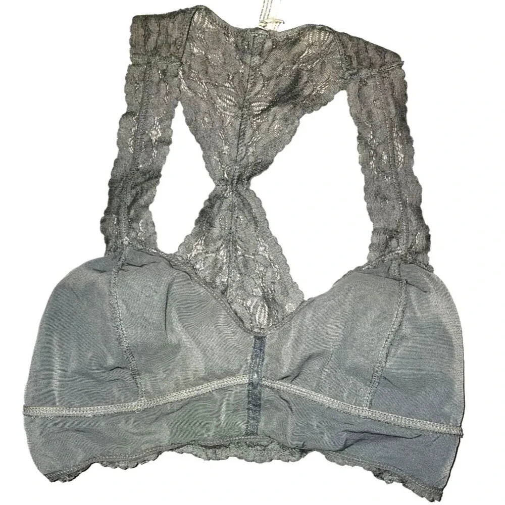 Free People Intimately Free‎ Galloon Gray Stretch Lace Racerback Bralette Size S